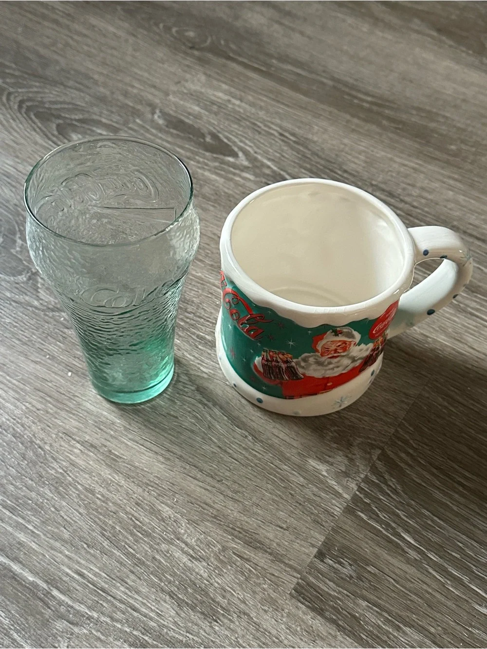 Houston Harvest Coca-Cola Christmas mug from 2004 & Glass Cup